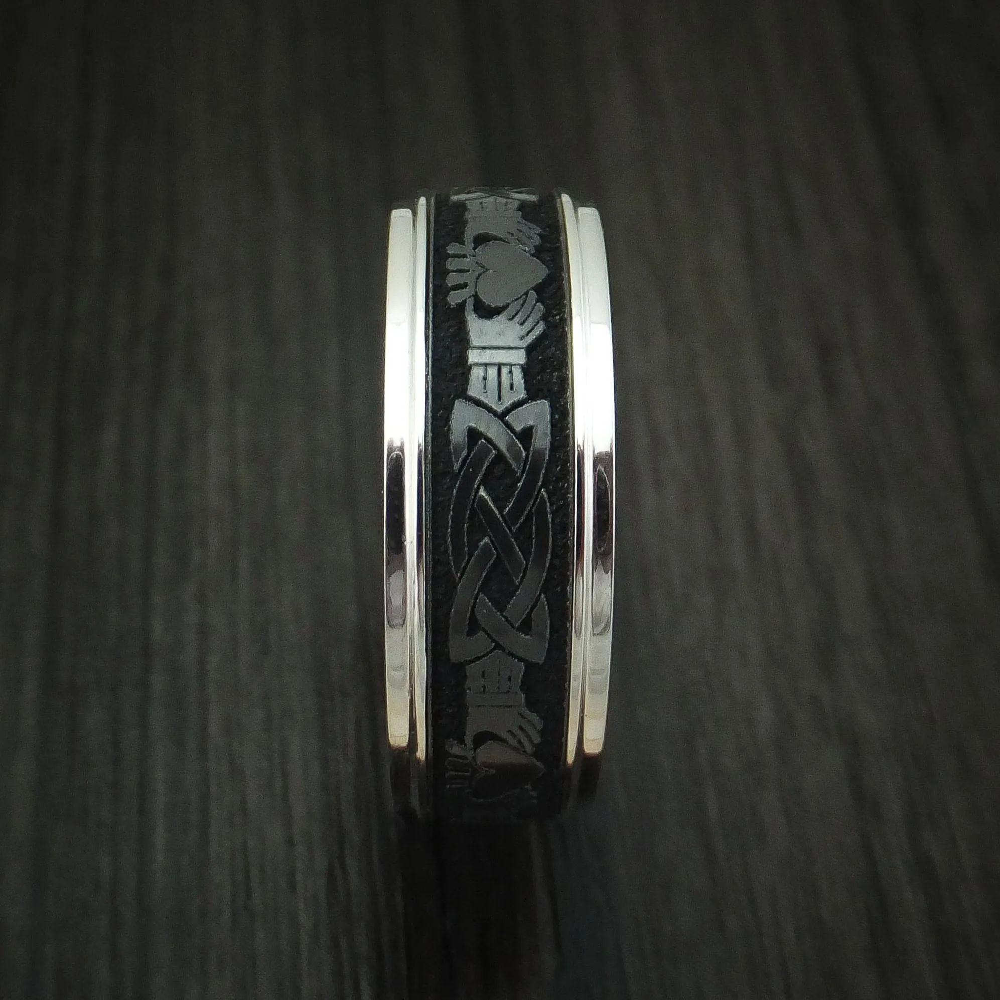 14K Gold And Black Titanium Celtic Claddagh Band Custom Made Men's Ring