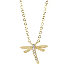 14K Yellow Gold 0.03 Carat Total Weight Diamond Dragonfly Pendant Necklace