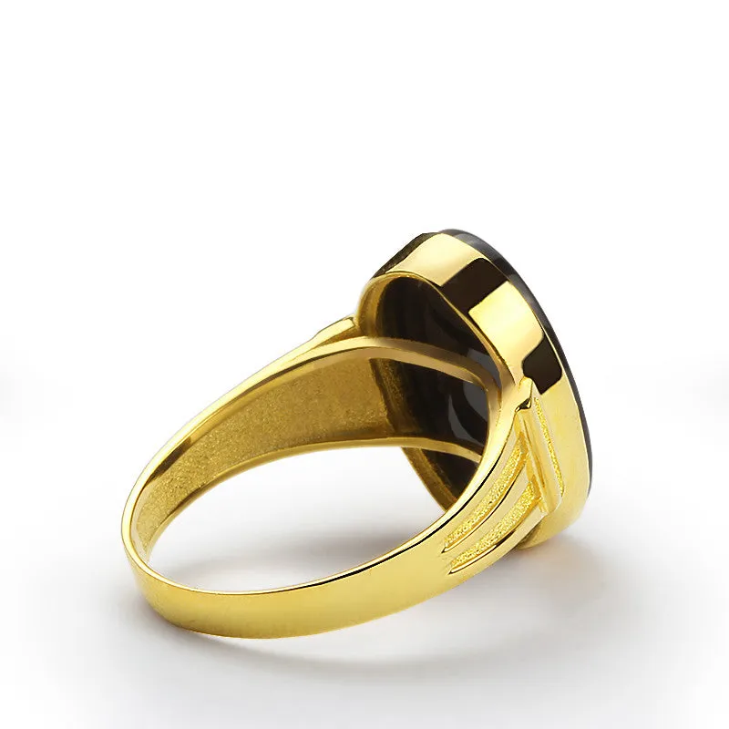 14k Yellow Gold Men's Ring with Natural Black Onyx Stone