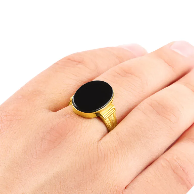 14k Yellow Gold Men's Ring with Natural Black Onyx Stone