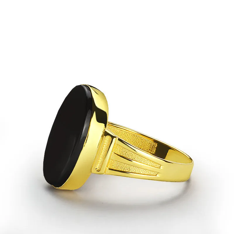 14k Yellow Gold Men's Ring with Natural Black Onyx Stone