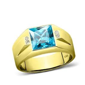 18K Yellow Gold Mens Ring Blue Aquamarine and 4 Diamond Accents Ring For Man