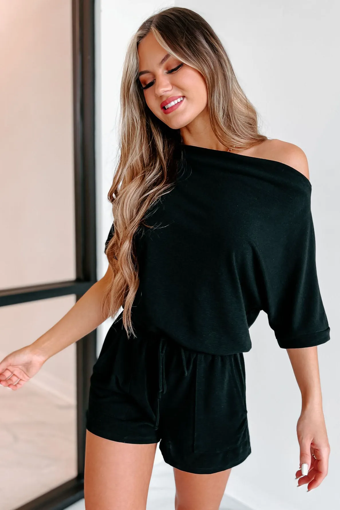 Acting In Kindness Off The Shoulder Drawstring Romper (Black)