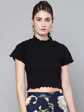 Black High Neck Lettuce-Edge Rib Top