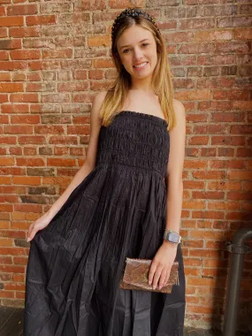 BLACK SMOCKED FIT AND FLARE MIDI DRESS WITH POCKETS