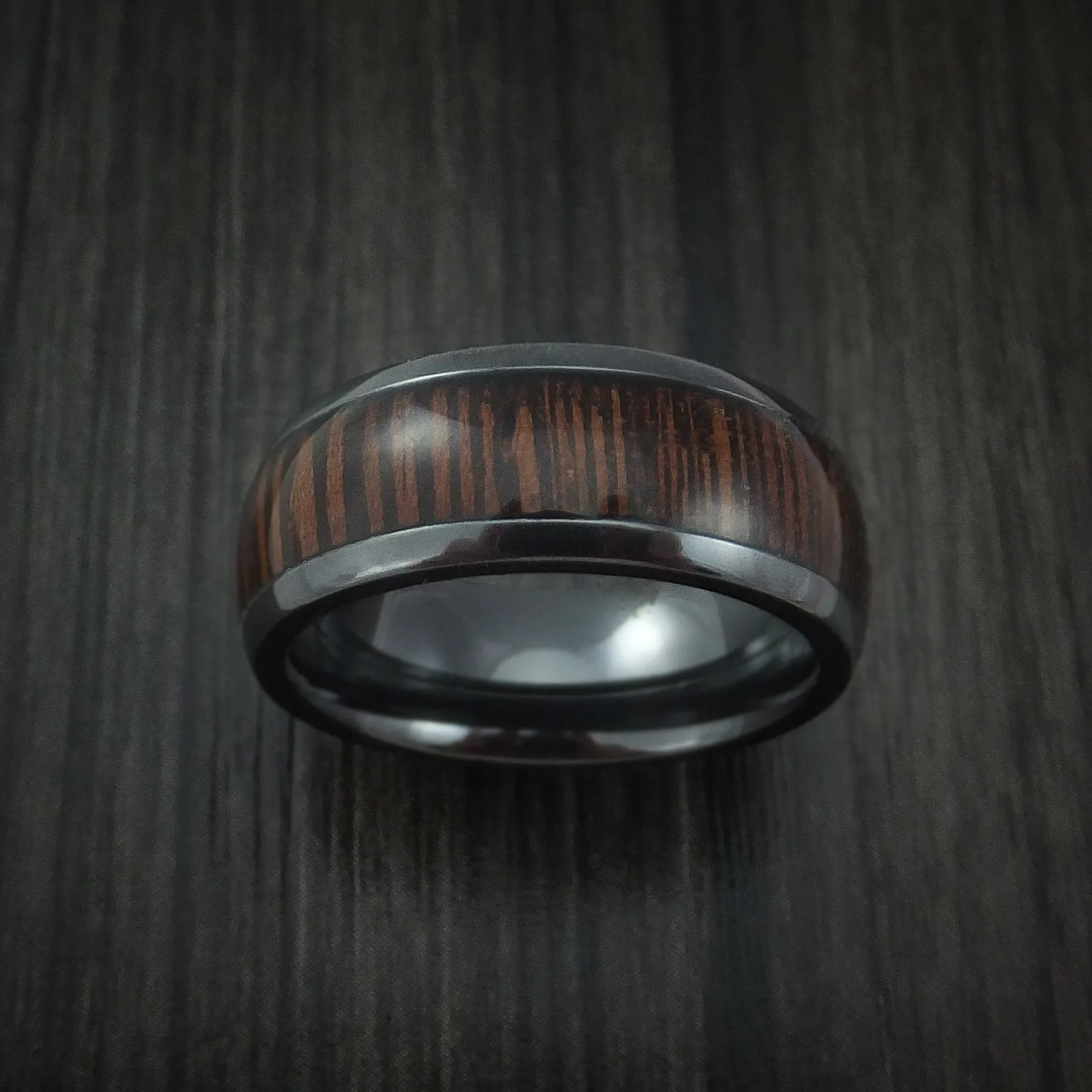 Black Titanium Men's Ring Inlaid with Wenge Wood Custom Made