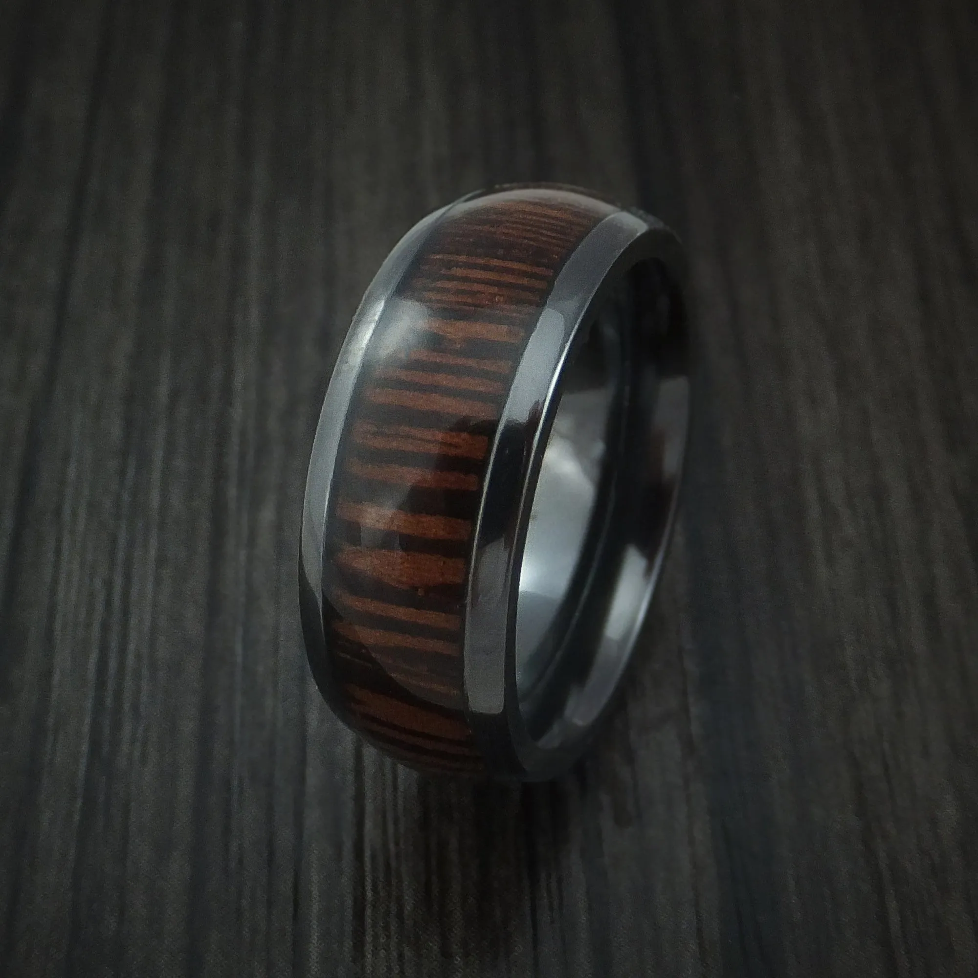 Black Titanium Men's Ring Inlaid with Wenge Wood Custom Made