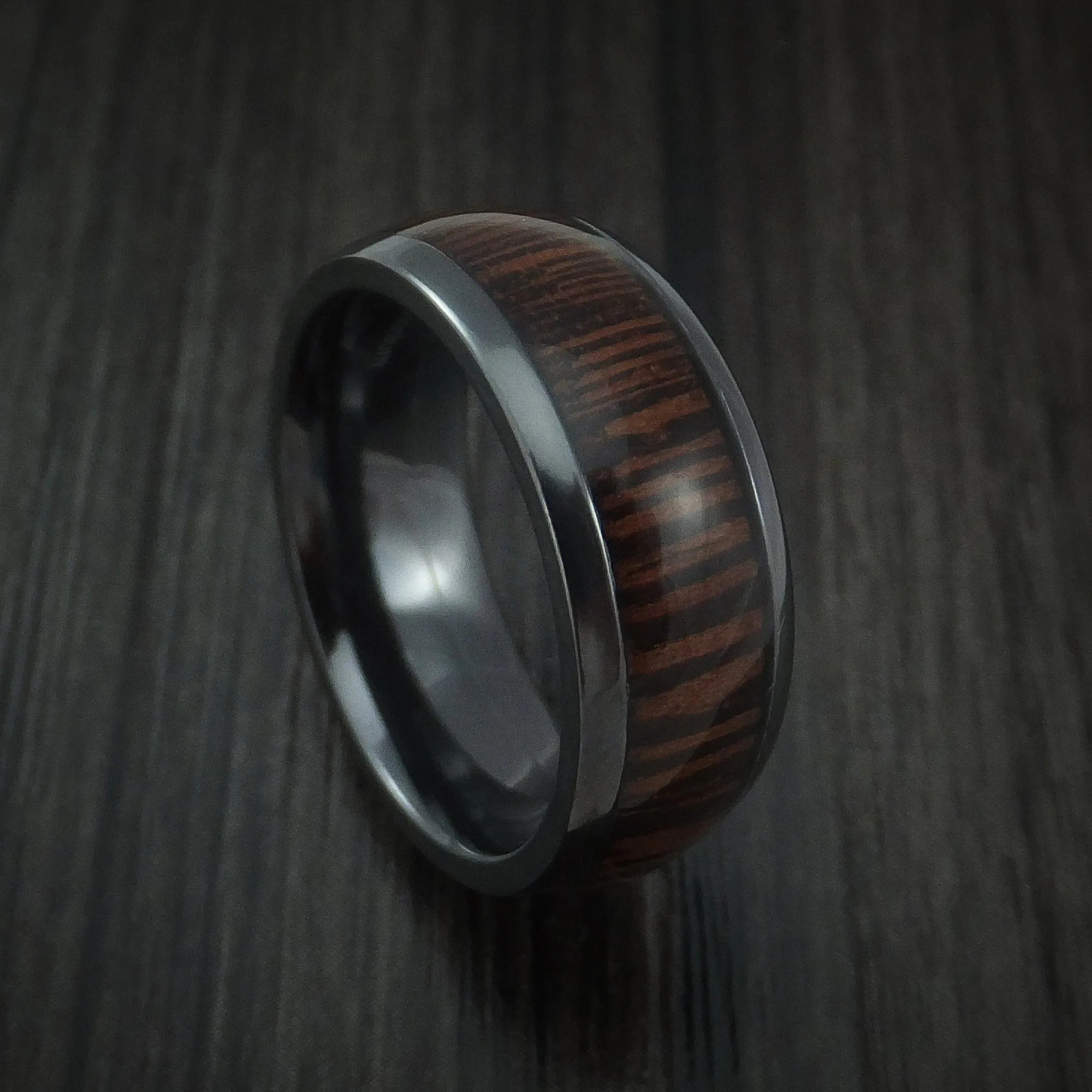 Black Titanium Men's Ring Inlaid with Wenge Wood Custom Made