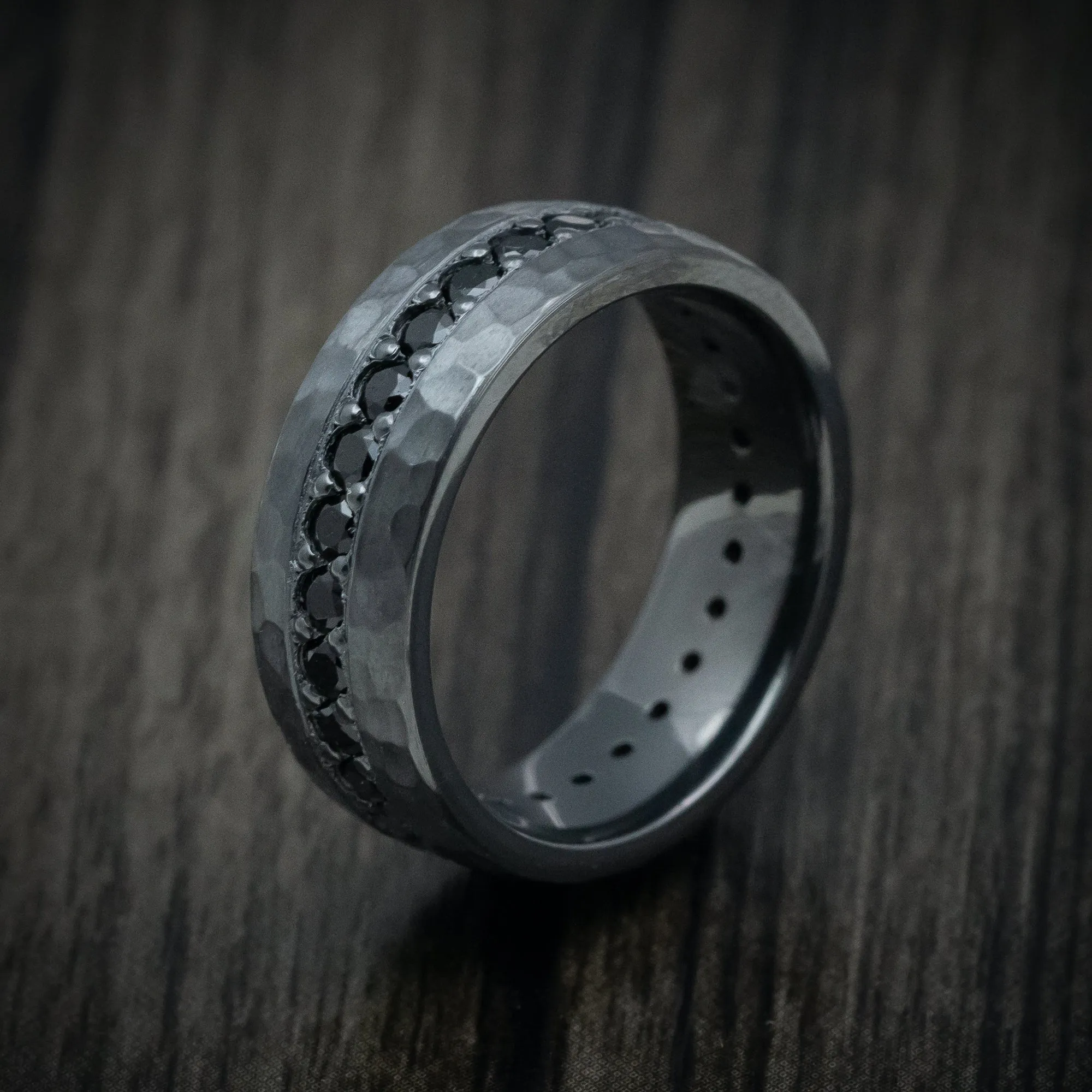 Black Zirconium Eternity Black Diamond Hammered Men's Ring