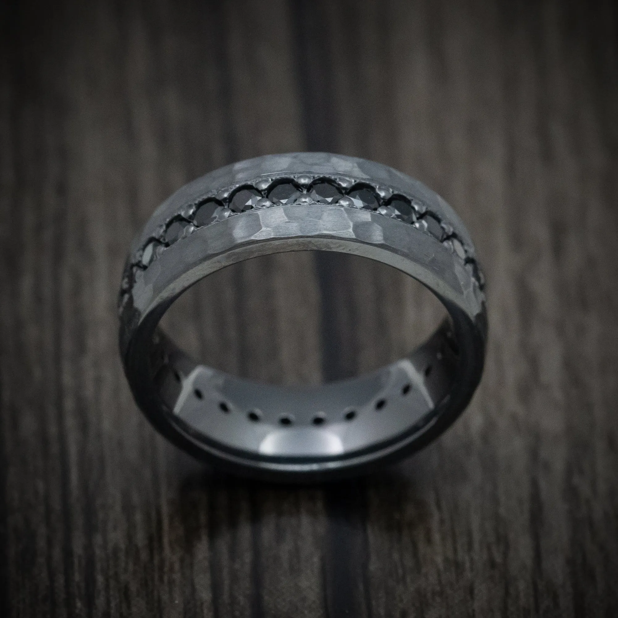 Black Zirconium Eternity Black Diamond Hammered Men's Ring