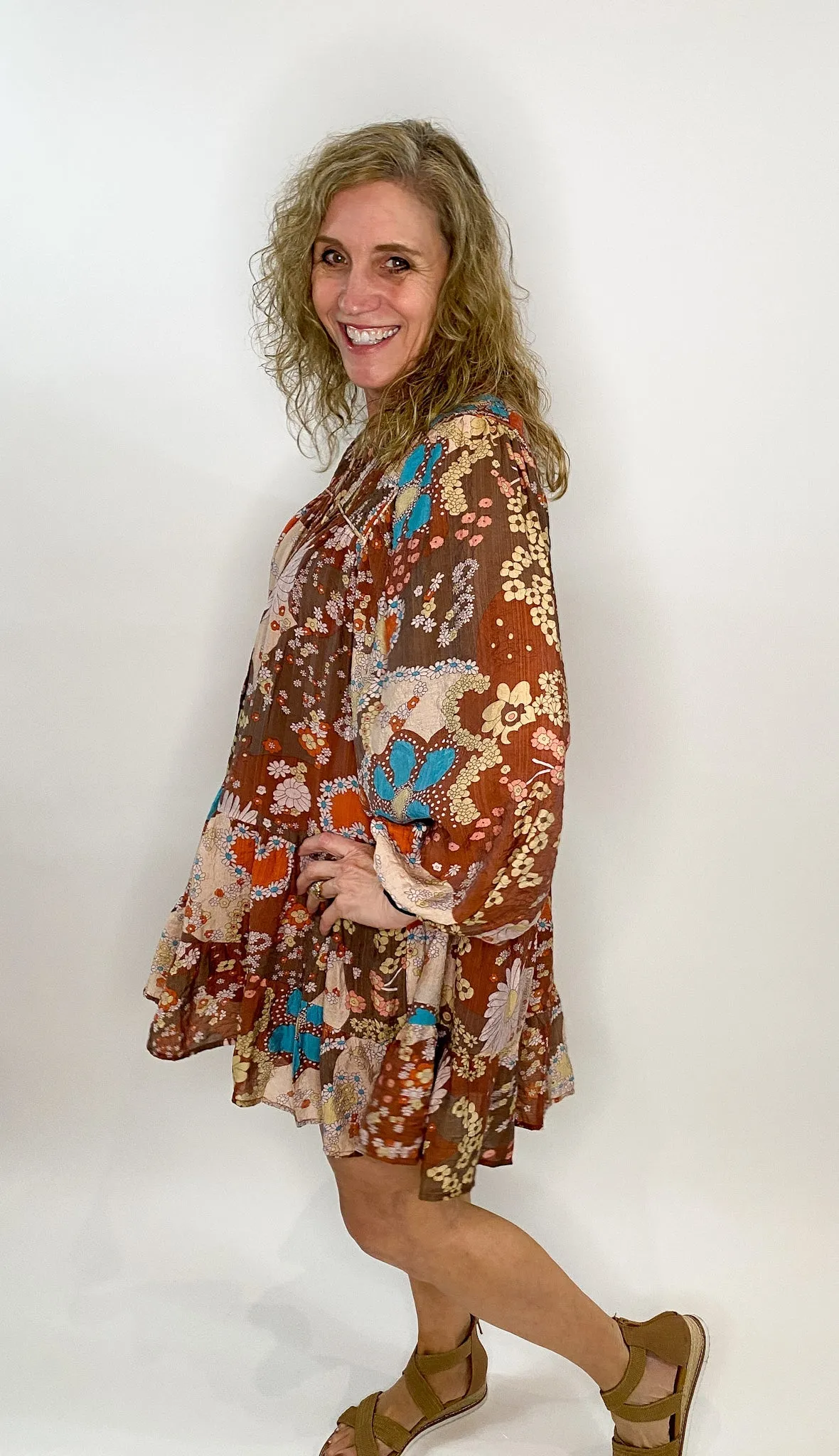 Brown Cream & Rust Boho Print Dress