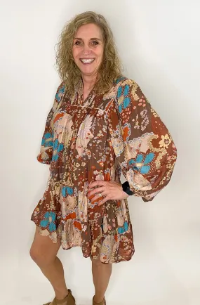 Brown Cream & Rust Boho Print Dress