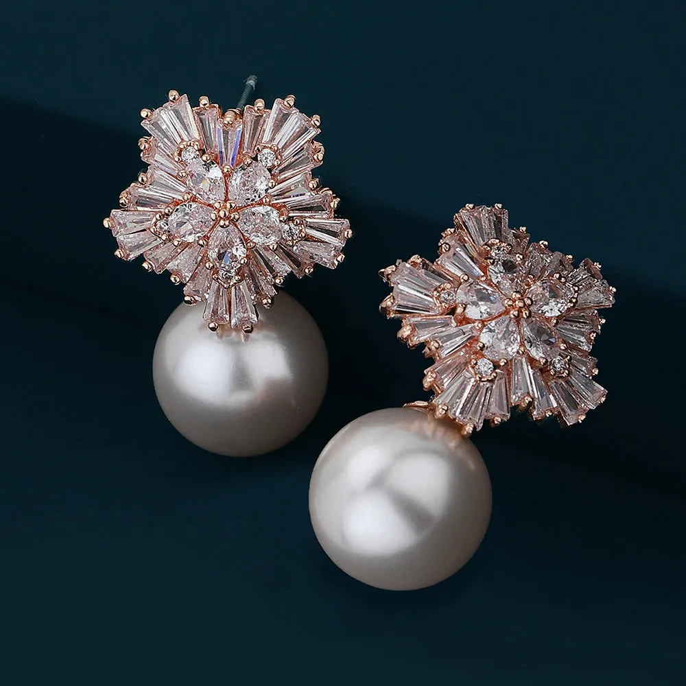 Carlton London Premium Jwlry-Rose Gold & White Toned Pearls Studded Rose Gold-Plated Floral Shaped Handcrafted Drop Earrings Fje4147