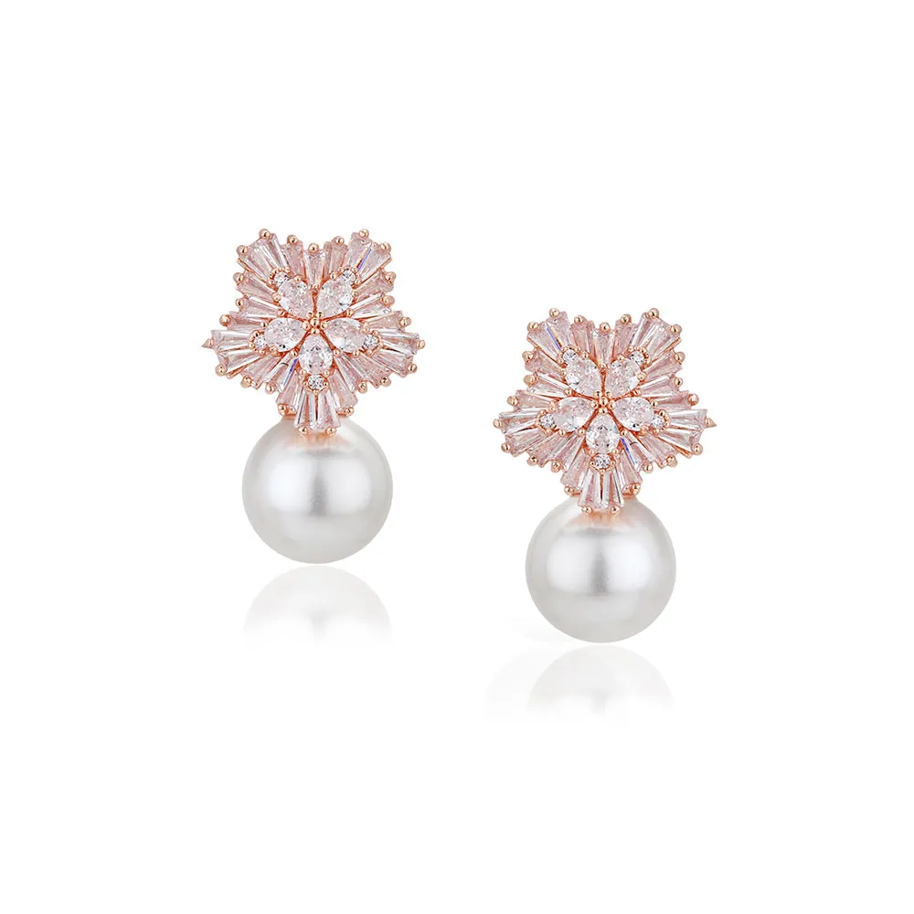 Carlton London Premium Jwlry-Rose Gold & White Toned Pearls Studded Rose Gold-Plated Floral Shaped Handcrafted Drop Earrings Fje4147