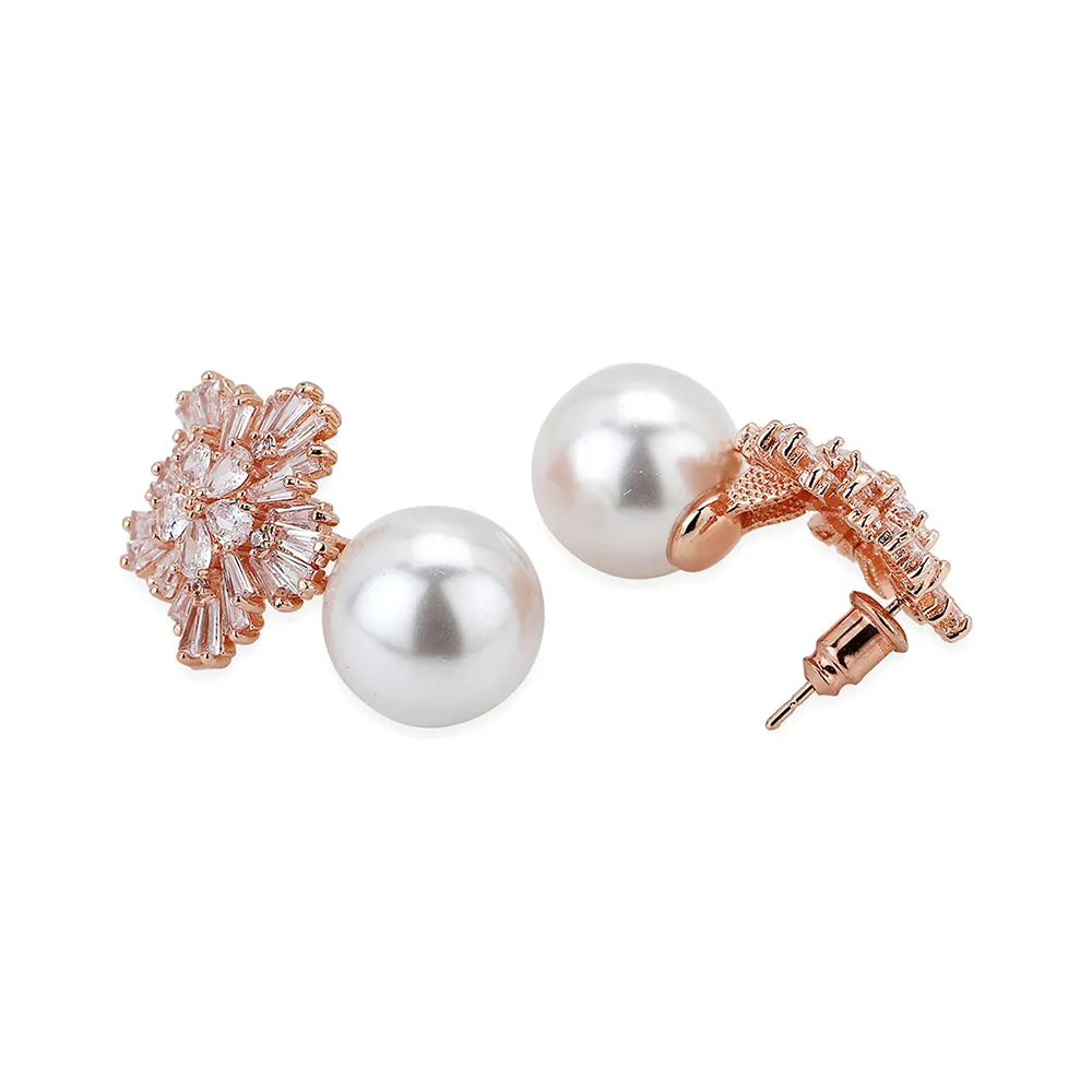 Carlton London Premium Jwlry-Rose Gold & White Toned Pearls Studded Rose Gold-Plated Floral Shaped Handcrafted Drop Earrings Fje4147