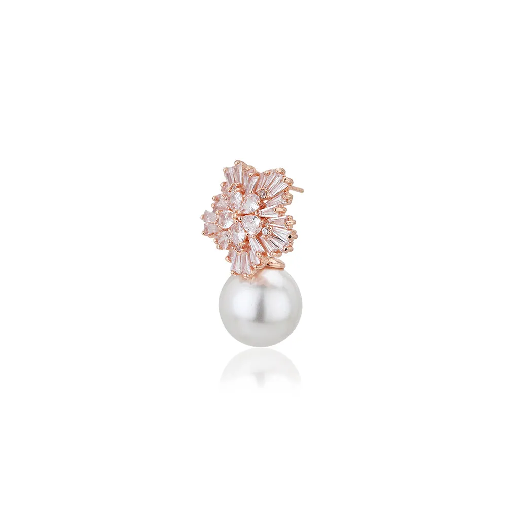 Carlton London Premium Jwlry-Rose Gold & White Toned Pearls Studded Rose Gold-Plated Floral Shaped Handcrafted Drop Earrings Fje4147