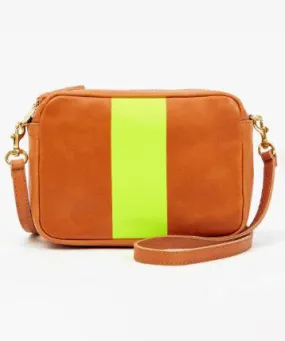 Clare V. Midi Sac - Tan Nappetto with Neon Yellow Stripe