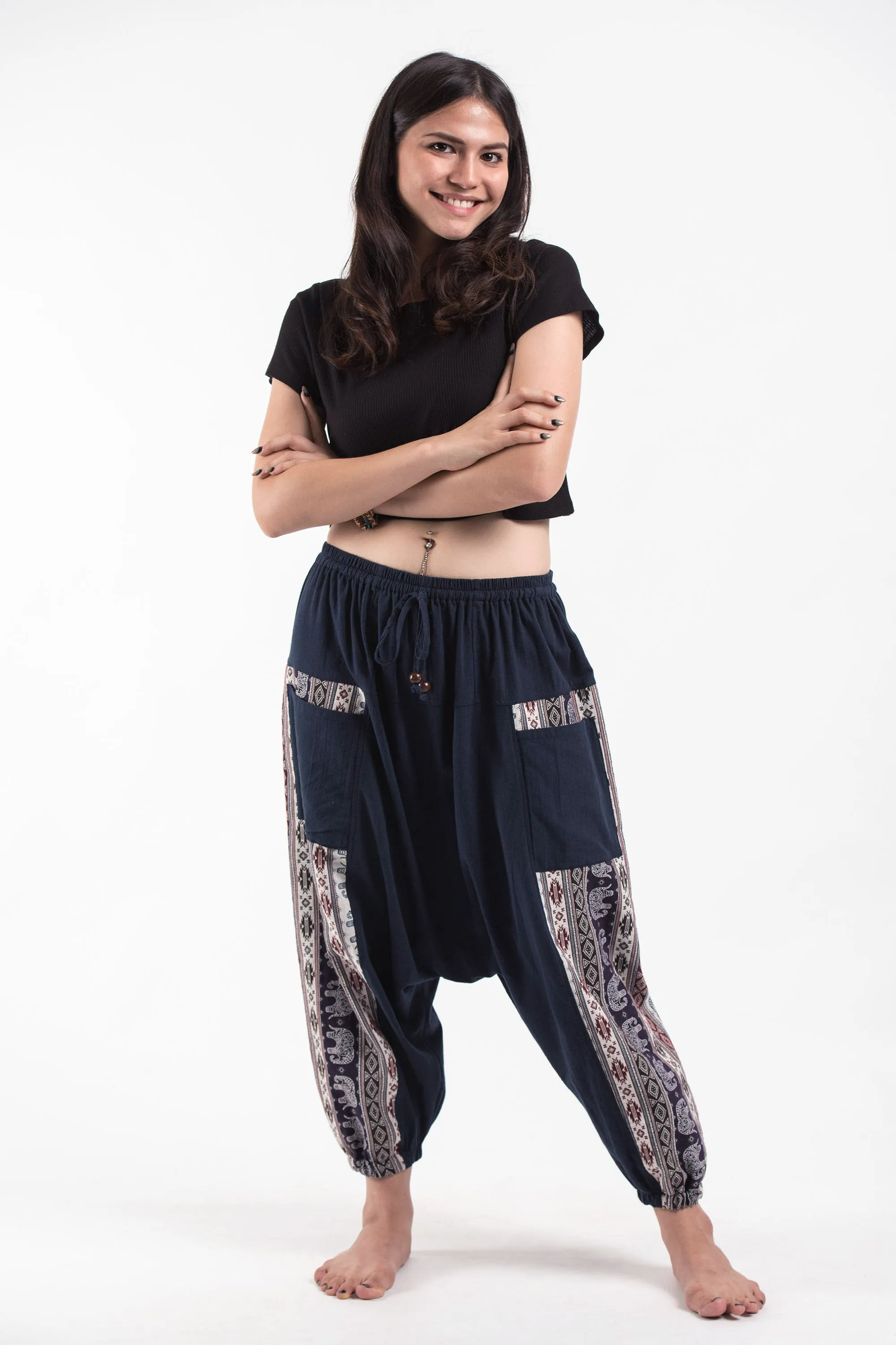 Elephant Aztec Cotton Women's Harem Pants in Navy