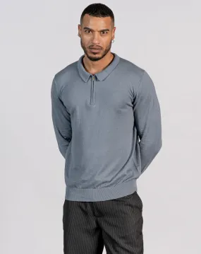 ESSENTIAL LONG SLEEVE ZIPPED POLO TOP - MID BLUE