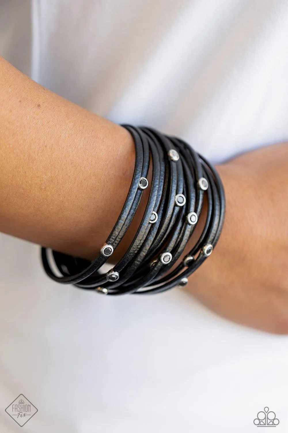 Fearlessly Layered Black Leather and Hematite Rhinestone Magnetic Bracelet - Paparazzi Accessories