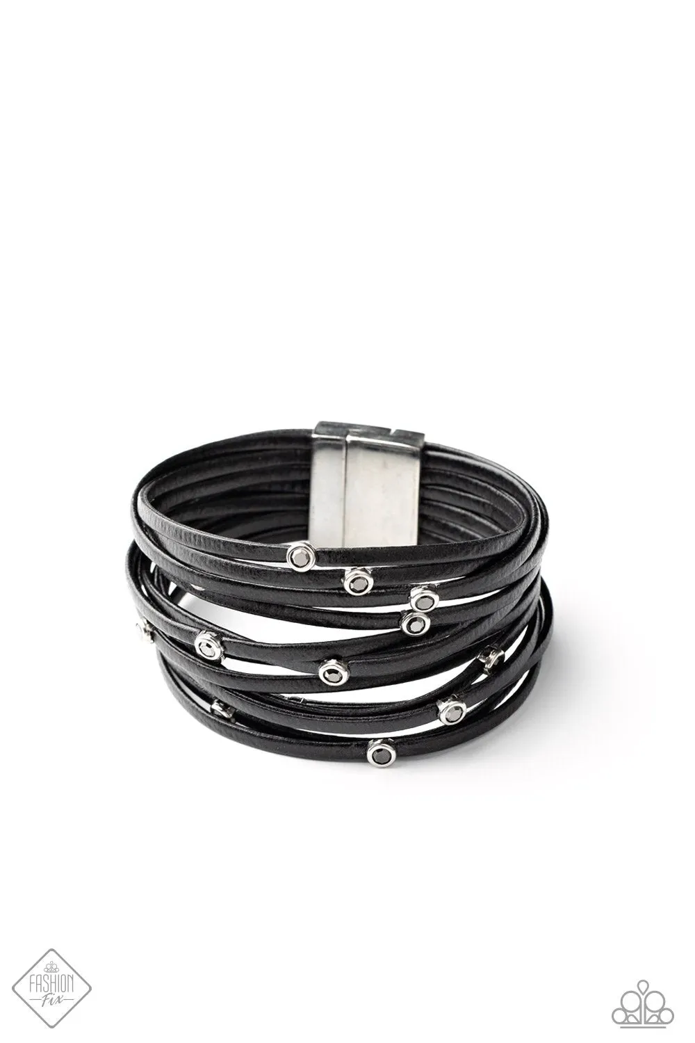 Fearlessly Layered Black Leather and Hematite Rhinestone Magnetic Bracelet - Paparazzi Accessories