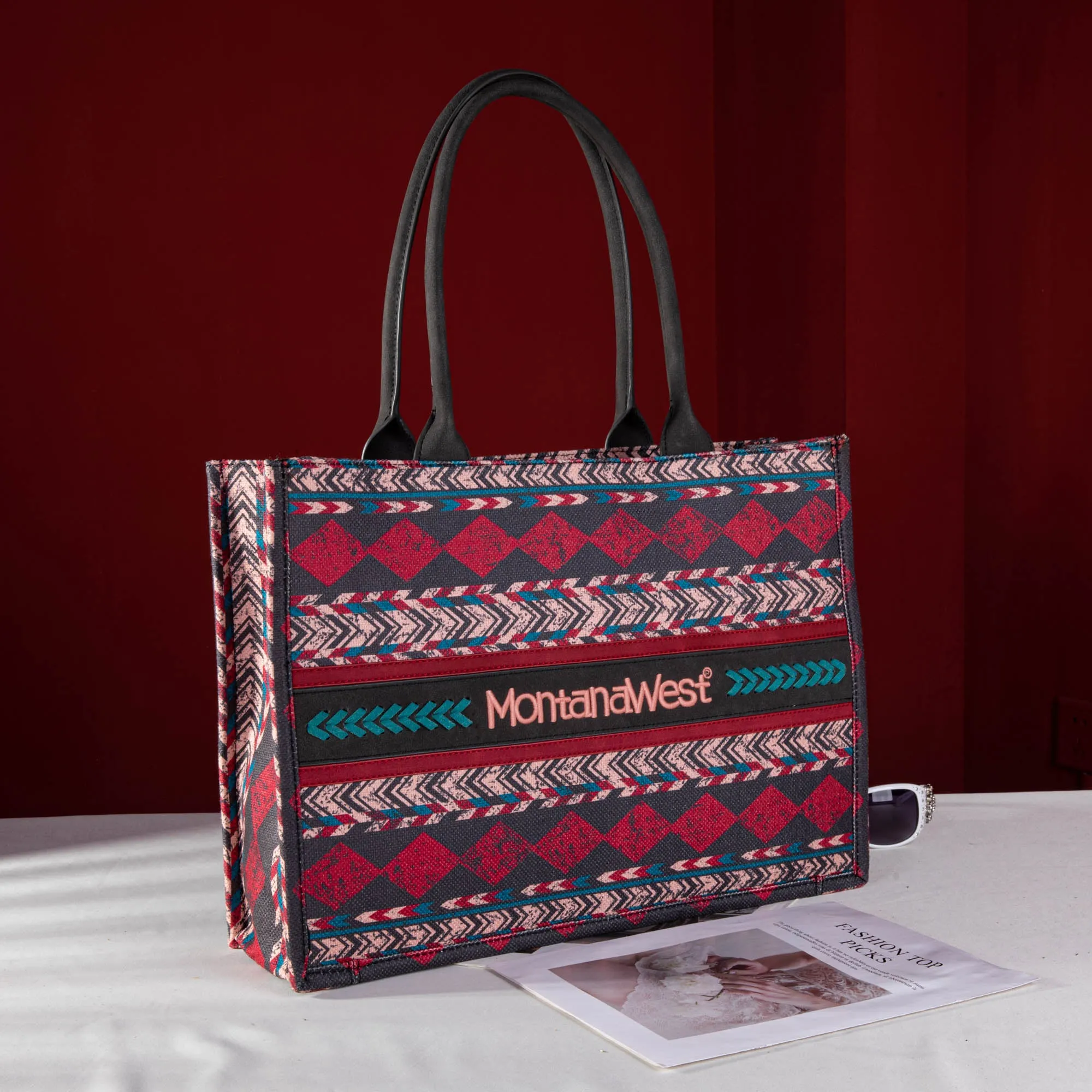 MW01G-8119  Montana West Boho  Ethnic Print Concealed Carry Wide Tote Burgundy