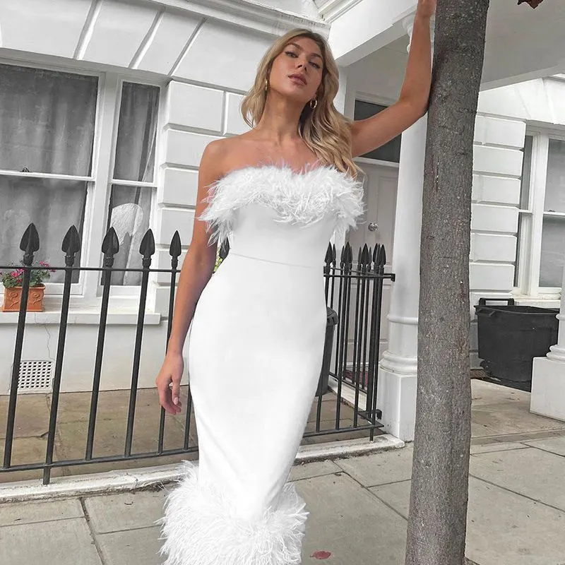 Pink Prom Dress With Feathers At The Bottom