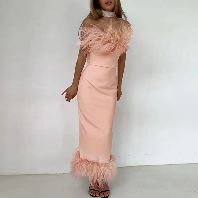 Pink Prom Dress With Feathers At The Bottom