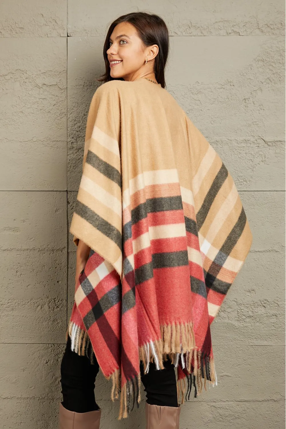 Plaid Shawl Poncho Cardigan in Khaki