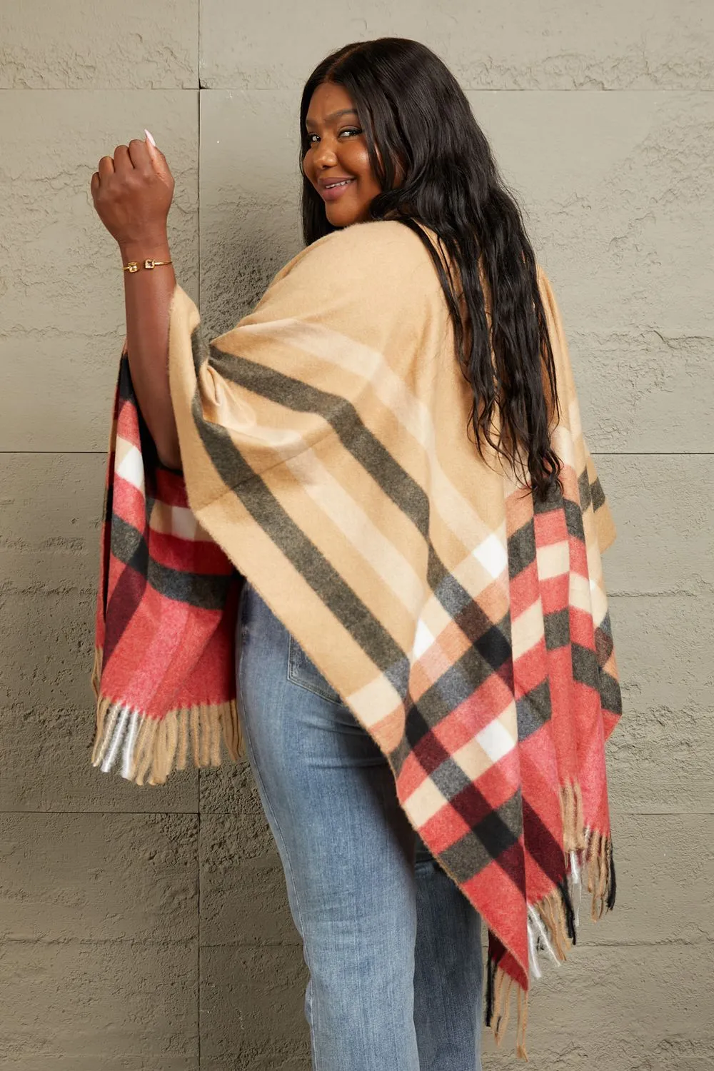 Plaid Shawl Poncho Cardigan in Khaki