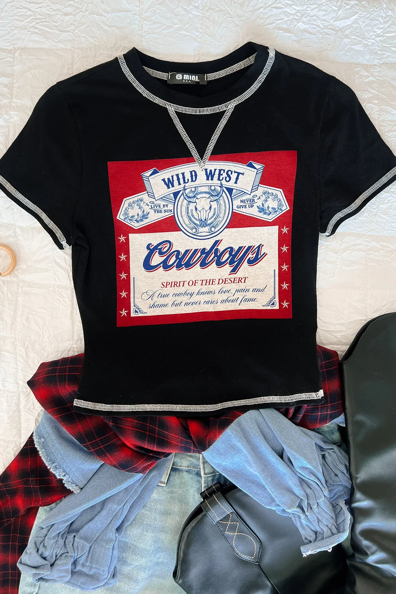 "Wild West Cowboys" Graphic Crop Tee (Black)