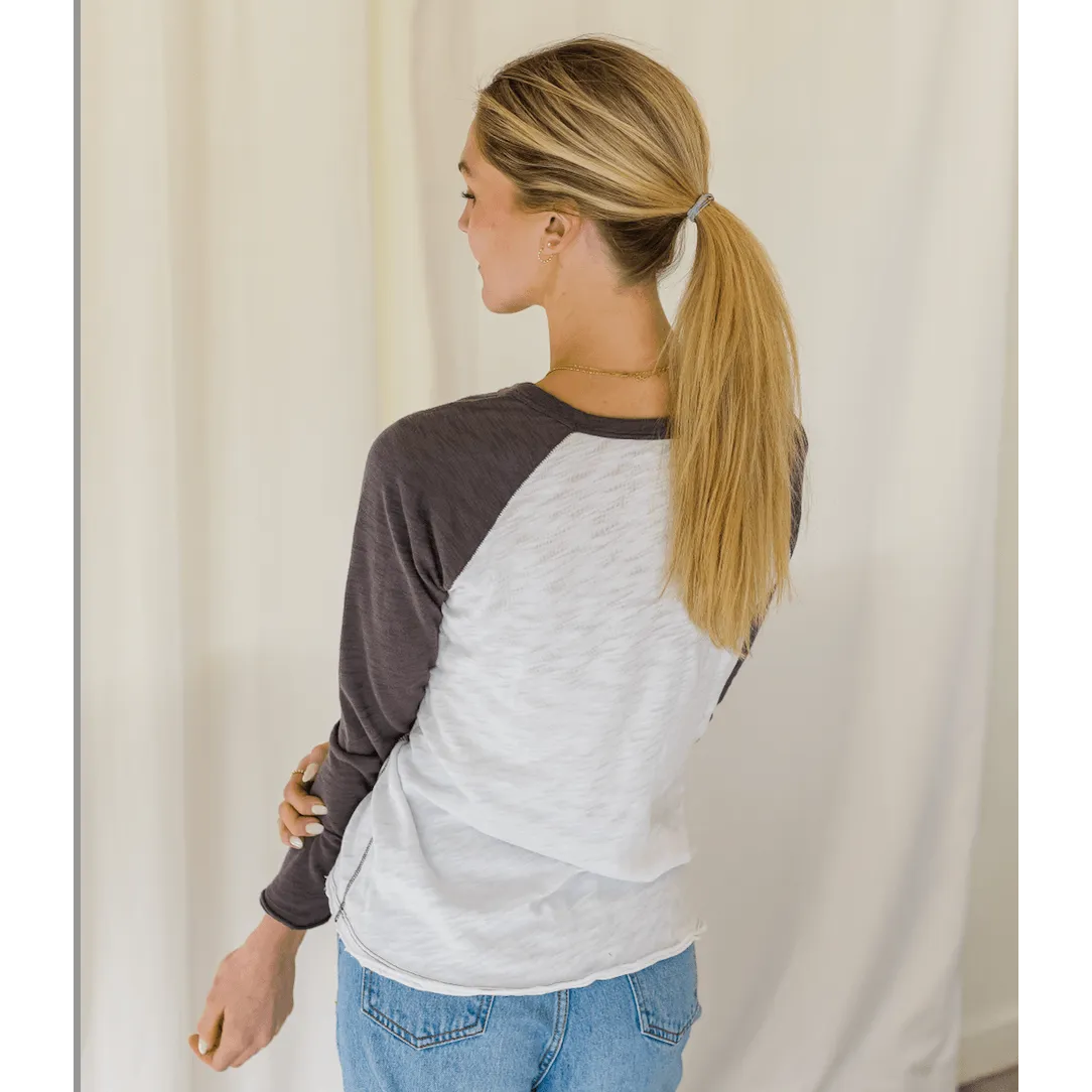 Raglan Long Sleeve Crew - White with Charcoal Sleeves (Pima Cotton Slub)